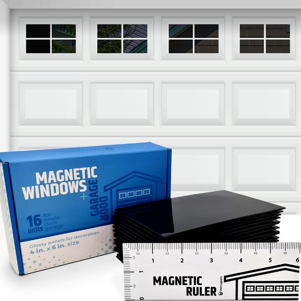Strong & Glossy Magnetic Garage Door Windows - Fits 1 Car Garage - Looks Like Real Window Panels/Faux Panes - Decorative Hardware Kit - Easy to Align & Will Never Fall (Upgraded Magnets) | 16pcs 4"X6