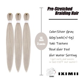 IXIMII 16 inch Silver Gray Pre Stretched Braiding Hair 3 packs Prestretched Kanekalon Hair Grey Soft Straight Crochet Braids Yaki Texture Synthetic Hair Extensions