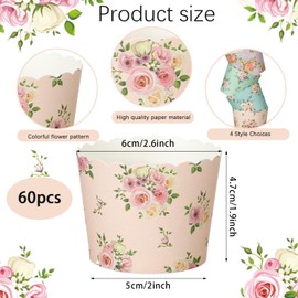 Uiifan 60 Pcs Floral Paper Baking Cups Disposable Greaseproof Baking Cups Bulk Muffin Cupcake Flower Cupcake Wrappers for Birthday Wedding Decorations Baby Shower Tea Party, 4 Styles