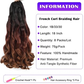French Curly Braiding Hair 8 Packs Loose Wavy Braiding Hair Pre Stretched Bouncy Synthetic French Curl Braiding Hair Extensions for Women (1B/33/30#, 18 Inch)