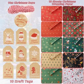 LSRVNM Christmas Wrapping Paper, 10 Sheets, 70 x 50 cm, Recycled Christmas Paper, Colourful Eco Kraft Gift Paper with Tags and Ropes
