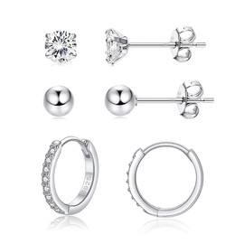 Jösva Hoop Earrings 925 Silver Women's Stud Earrings, 925 Sterling Silver Stud Hoop Earrings Set, 3 Pairs Small Sleeping Stud Earrings Hoop Earrings Set, 5 mm Stud Earrings & 14 mm Hoop Earrings, Cubic Zirconia Silver, Cubic Zirconia