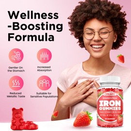 Iron Gummies for Women & Men - Iron Supplement with Vitamin B6, B12, C, Zinc, Folate for Adults & Kids - Support Iron Deficiency, Anemia, Energy Boost, Blood Builder - Sugar Free Vegan 60ct Strawberry