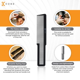 Kobe Professional Hairdresser's Carbon Comb - Carbon Fibre for Strength & Durability (Flat Top)