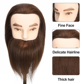 Male Mannequin Head Training Head with 100% Human Hair Barber Mannequin Head Hairdresser Manikin Head Training Doll Head for Hair Styling and Practice(with Beard,Dark Brown)