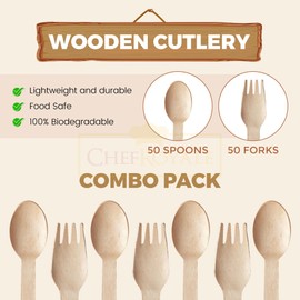 Chef Royale Combo Pack of 50 Wooden Spoons and 50 Wooden Forks Biodegradable Compostable & Eco Friendly Disposable Cutlery Set Wooden Forks & Spoons for Events (50 Spoons, 50 Forks)