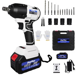 Huini Cordless Impact Wrench, Brushless Motor, 1/2 Inch 420Nm, 21V Electric Tools, Forward Reverse Setting, with Socket Set, Tool Box, 2x 6000mAh Batteries and Charger