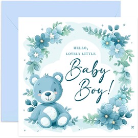 Old English Co. Baby Boy Congratulations Card - New Baby Card - Cute Sweet Design - Welcome Baby Card - Cute Blue Teddy Bear Baby Boy Gifts - New Baby Boy Greeting Cards | Blank Inside