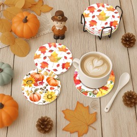 Bribay Coaster for Drinks Set of 6, Hello Fall Leaves Autumn Sunflower Pumpkins Absorbent Round Ceramic Stone Mat, with Cork Base and Metal Holder, Gift for Housewarming Room Bar Decor