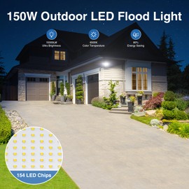 SZPOWER 150W Flood Lights Outdoor Waterproof IP65, Exterior LED Floodlights with 3 Adjustable Heads, 15000LM Super Bright Security Lights Fixture, Outside Lights for House, Backyard 2 Pack