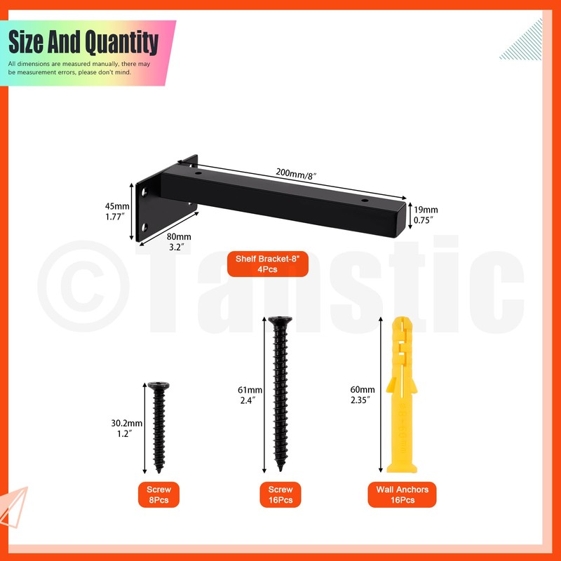 Tanstic 4-Pack 8 Inch Shelf Brackets, Heavy Duty Floating Shelf