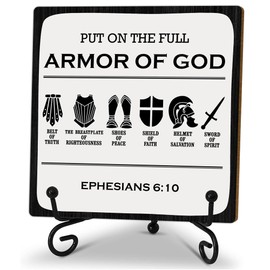 5" Christian Wooden Sign - Put On The Full Armor Of God - Man Of Faith Decor Sign With Stand, Home Office Decor Meaningful Gifts Christian Table Decor Accessories & Supplies.