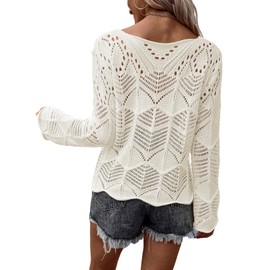 GORGLITTER Damen Strickpullover Elegant Langarm Häkelpullover Lässige Rundhals Pullover Stricken Langarmshirt Gehäkelt Freizeitpullover Herbst Beige M