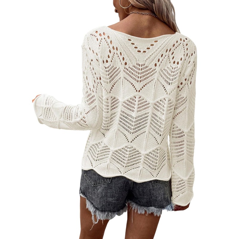 GORGLITTER Damen Strickpullover Elegant Langarm Häkelpullover Lässige Rundhals Pullover Stricken