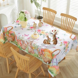 Easter Tablecloth, Easter Table Cloth Rectangle 60 x 120 with Bunny and Eggs, Easter Oblong Tablecloth Watercolor Rabbits Table Cover for Spring Dining Room Indoor Outdoor Decoration, Colorful