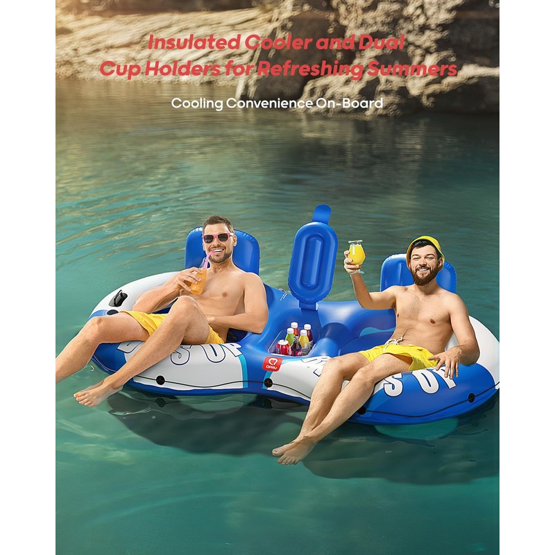 QPAU Inflatable Double River Tube, 2 Person 660lb Capacity, Puncture-Resistant