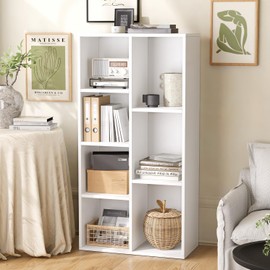 MXV 7-Cube Bookshelf, Wooden Cube Organizer and Display Shelf with Storage, Stackable Bookcase for Small Space, White Cube Shelf Easy to Match for Living Room, Bedroom and Office