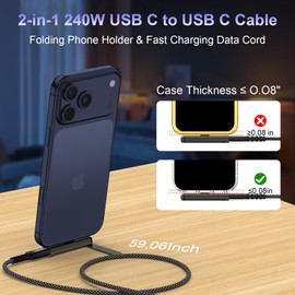 Invisible Holder Charger Cable with Stand,Detachable 240W USB Type C Cable