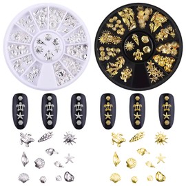 Summer Shell Nail Art Charms, Gold Beach Ocean Rivets Nail Jewellery, Ocean Theme Nail Stones for Women, Acrylic Nail Ocean (Gold + Silver)