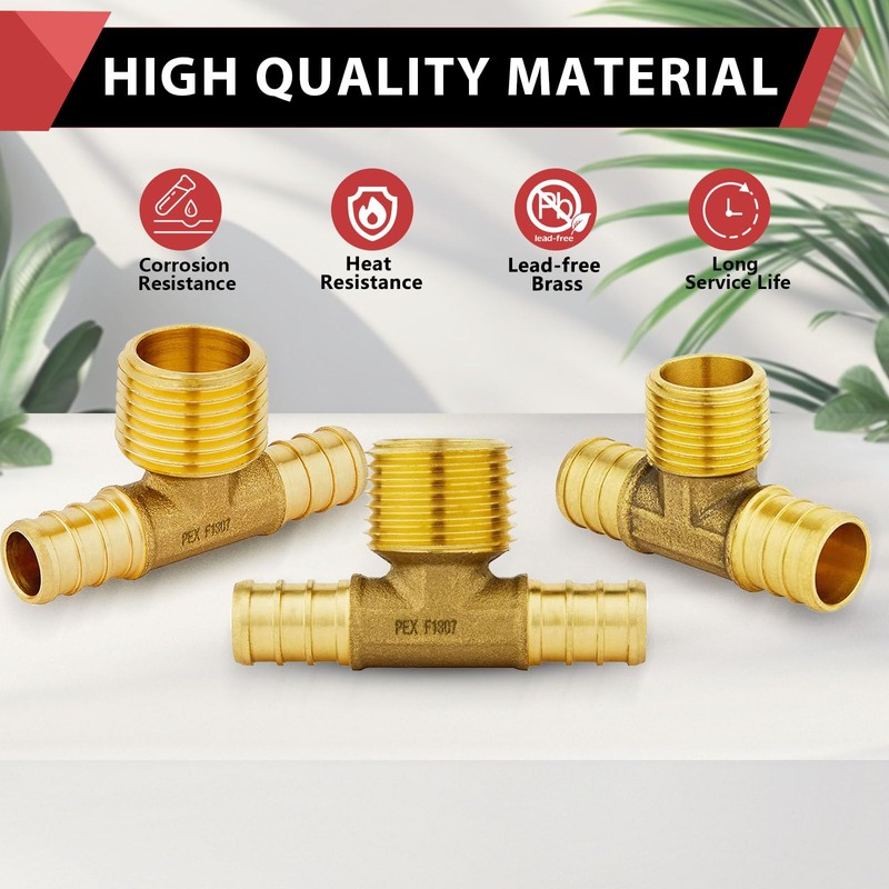 2-Pack EFIELD Pex Crimp 1/2" Pex Tee Brass Fittings, ASTM