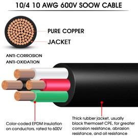 10/4 10AWG SOOW Portable Power Cable,600V 10 Gauge SOOW Electrical Cable-4 Conductor SOOW Extension Cord for Welder Machine,Generator,Portable Light,EV Car Charger,Motor Lead, Industrial Outdoor-25ft
