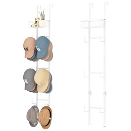 HapiRm Over Door Hat Rack - 2 Packs Wall Mounted Hat Holder with 6 Hooks and Metal Basket Design, Baseball Cap Organizer Storage Up to 32 Caps for Door, Bedroom, Closet, White