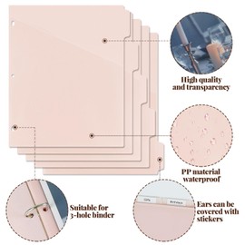 5 tab dividers for 3 Ring Binder with Pockets, Plastic Dividers with Clear Front Pocket, 5-tab Index Dividers with 3 Holes Punched for School & Office Supplies (Pink - 2 Sets)