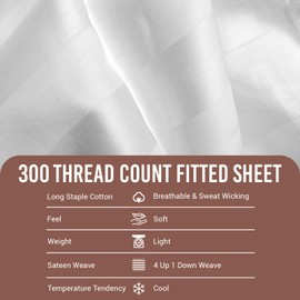 Pizuna 100% Cotton White Satin Stripe King Size Fitted Sheets, 300 Thread Count Long Staple Combed Cotton Damask Bedding, 40 cm Deep Fitted King Size Sheet (160cm x 200cm Fitted Sheet King Size)