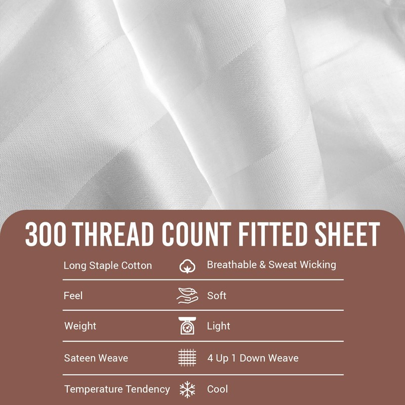 Pizuna 100% Cotton White Satin Stripe King Size Fitted Sheets,