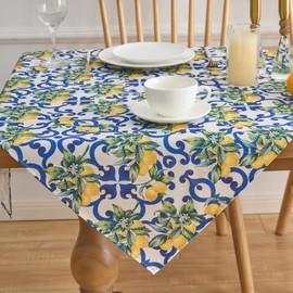 Table Decoration Lemon Blue Tablecloth Garden Lemon Modern Yellow Lemons Summer Polyester Washable Decoration for Indoor Outdoor Autumn Dining Table Party Decor Weddings Holidays Birthday 85 x 85 cm