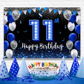 Large Happy 11th Birthday Backdrop Banner Blue Black Theme Decor with Blue Neon Light Shiny Fashion Birthday Party Photo Photography Prop Booth Background for Boys Girls Celebration 98.4x65in-BECKTEN