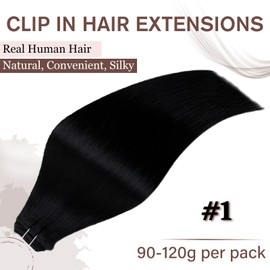 Hetto Real Hair Extensions Clip in Human Hair Black Clip in Human Hair Extensions 16 Inch #1 Jet Black Human Hair Extensions Clip ins Full Head 7pcs 120g