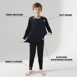 Kelvindra Base Layer Kids - Fleece Lined Skins for Boys Athletic, Warm Football Skins Suit for 4~13 Age, Long Sleeve Top & Bottom Kids Thermal Base Layer Set for Ski Running and Daily Life Black