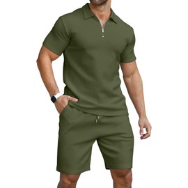 KUYIGO Men's fashionable 2 piece sports suit, comfortable and warm fashion T-shirt and shorts set XL Army Green