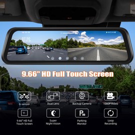 9.66 Inch Mirror Dash Cam,1080P Touchscreen Rear View Mirror Front and Rear View Dual Cameras,Super Night Vision,Loop Recording,Parking Assistance,24H Parking Monitor,Waterproof Backup Camera