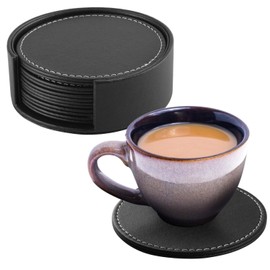 Coolty Set of 6 Coasters PU Leather Drinks Coasters Round Black Mat Coasters with Holder for Indoor and Outdoor Kitchen Protect Your Furniture from Stains