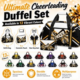 Cheer Duffel Bag Set with Makeup Bag & Bow Keychain, Sports Travel Gym Tote for Women Cheerleaders (Royal blue/Black/White)