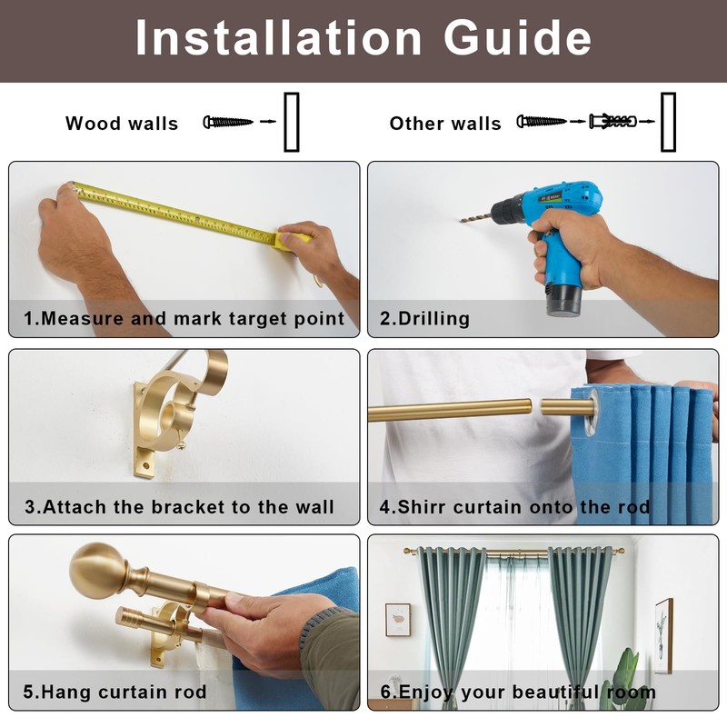 Warm Gold Decorative Curtain Rod, 72-144 Inches, Adjustable Dual Curtain