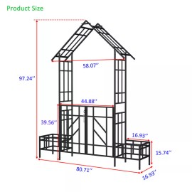 Outdoor Metal Garden Arch w/Gate & Planter for Climbing Plants Support Rose Arch