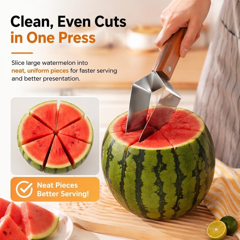 Triangle Watermelon Cutter, 430 Stainless Steel Slicer Tool with Wooden