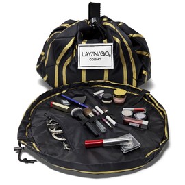 Lay-n-Go Cosmo Drawstring Cosmetic & Makeup Bag Organizer - Portable Drawstring Makeup Bag w/Zipper Pocket, Makeup Loops & More - Durable, Machine Washable Makeup Bag for Travel (20”, Black & Gold)