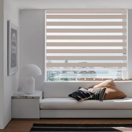 Changshade Custom Size Cordless Zebra Blinds for Indoor Window Light Control Dual Layer Roller Zebra Shades with Thermal Insulated for Office,Living Room,Easy Installation Beige Blackout Zebra Blind