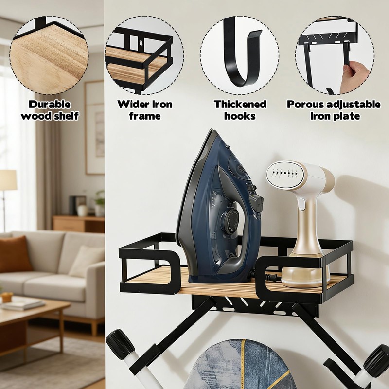 Ironing Board Hanger Wall Mount with Adjustable Double Hooks,Dual Installation