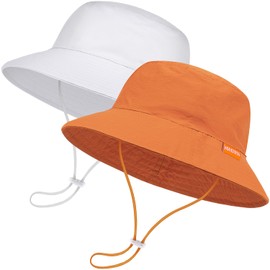2-Pack Baby Sun Hat Kids Summer UPF 50+ Sun Protective Toddler Bucket Hat Wide Brim Adjustable Beach Hats for Boys Girls Age 0-6 Years (Brown + White)
