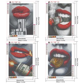 DCIDBEI 30 x 40 cm, 4 Sets Diamond Painting Rhinestone Complete Round DIY Embroidery Diamond Embroidery Red Lips Diamond Painting Fashion Women for Home Living Room Bedroom Wall Decoration