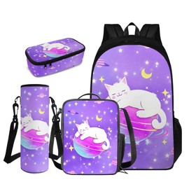 FOR U DESIGNS Kawaii White Cat Starry Space Backpack Set for Girls 4-in-1 Kindergarten 1st Grade School Bag, Includes Lunch Box, Pencil Case & Water Bottle Holder, Back to School Gift