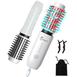 Fitdafit Cordless Hair Curling Iron Brush, 1.5" Mini Cordless Hair Curler, 3-in-1 Travel Curling Brush Hair Straightener Comb Rechargeable, Long Battery Portable Ionic Heated Tool, White