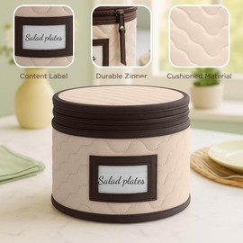 Salad Plates Storage - Quilted Microfiber China Organizer Box with Dividers , Protects & Organizes Up to 12 Plates of 8" - Ideal for Seasonal Dishware Protection