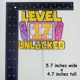 Decoración para tartas desbloqueada de nivel 17 para niñas, con purpurina para juegos de 17 cumpleaños, decoración de fiesta temática de videojuegos, regalo de cumpleaños para niñas