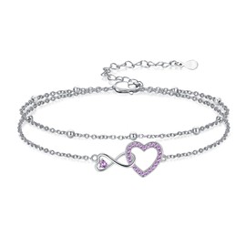 KoyeKei June Birthstone Layered Anklets for Women Purple Alexandrite Heart Infinity Ankle Bracelet 925 Sterling Silver Jewelry Anniversary Birthday Gifts for Wife